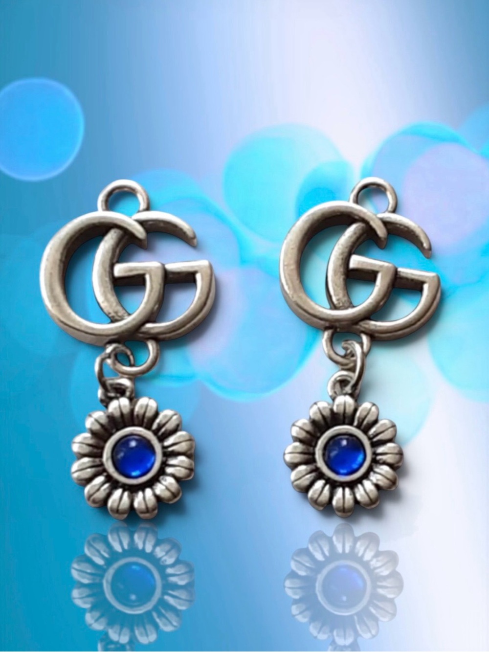 💗VINTAGE GUCCI 2-Piece Interlocking Gs + Blue Daisy Charms Silver-Tone Hardware